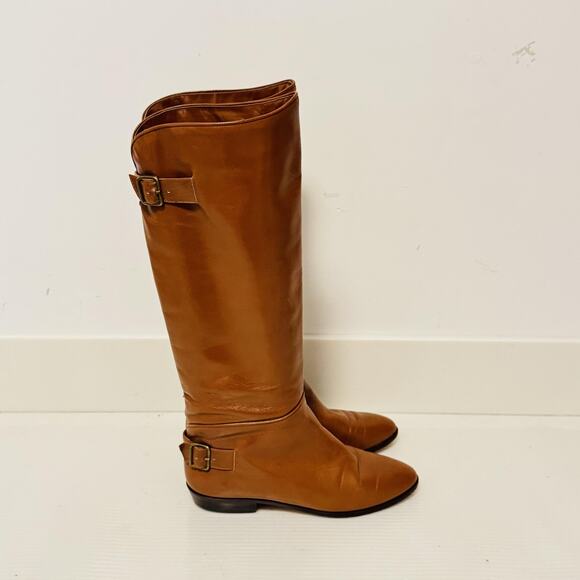 Andrew Geller Boots Womens 6 Brown Leather Riding Knee High Buckle Italy Pull On - Picture 1 of 10